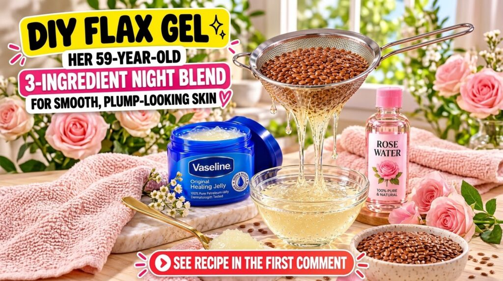 Process of making DIY flax gel with a strainer holding flax seeds actively dripping viscous gel into a glass bowl Surrou