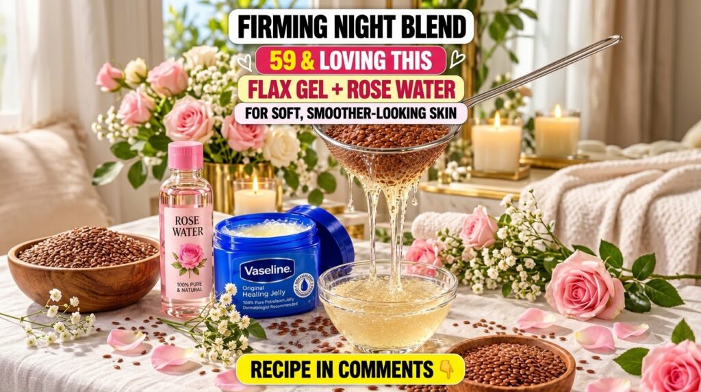 A still life showing ingredients for a homemade firming night blend with flax seeds in a metal strainer dripping gel int