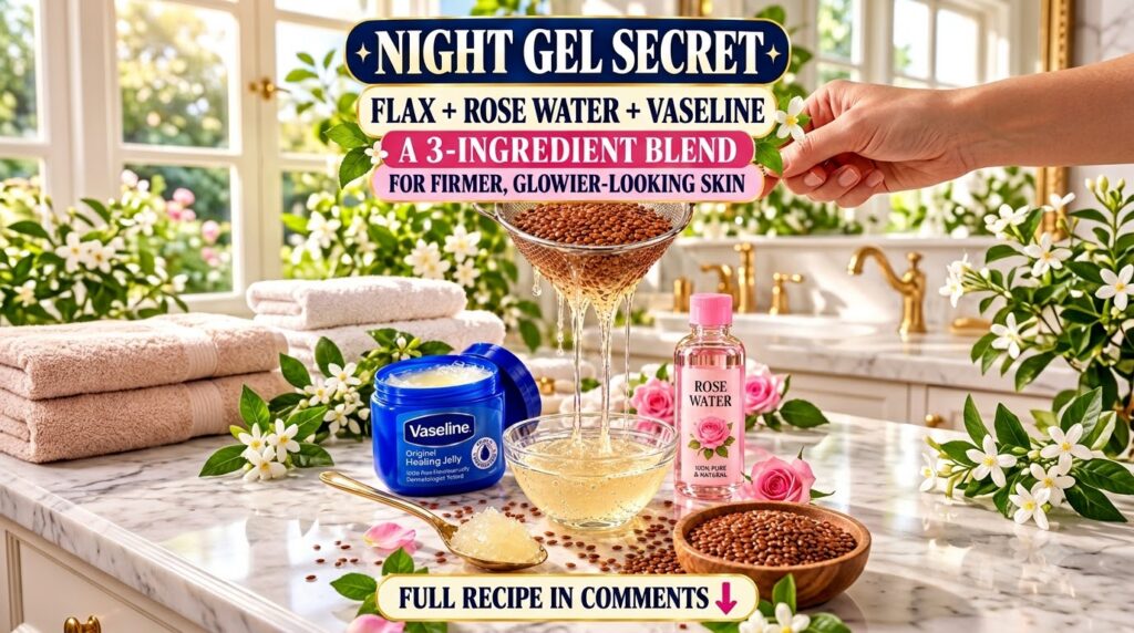 A translucent flaxseed gel dripping from a fine mesh strainer into a clear glass bowl with flaxseeds a tub of Vaseline a