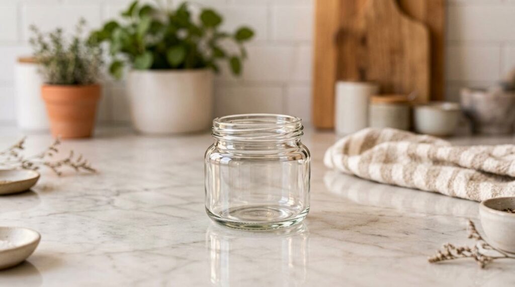 A hand adding essential oil drops to a clear glass Mason jar filled with baking soda and dried botanicals creating a DIY