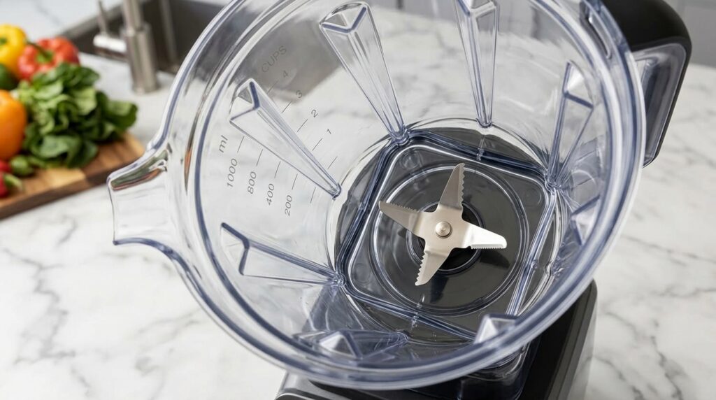 An empty blender jar with a prominent metal blade ready for use
