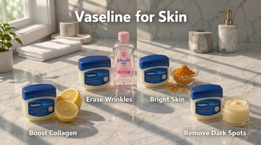 A four-panel grid showing Vaseline paired with Johnson s baby oil turmeric powder cut lemons and a premixed cream on a m