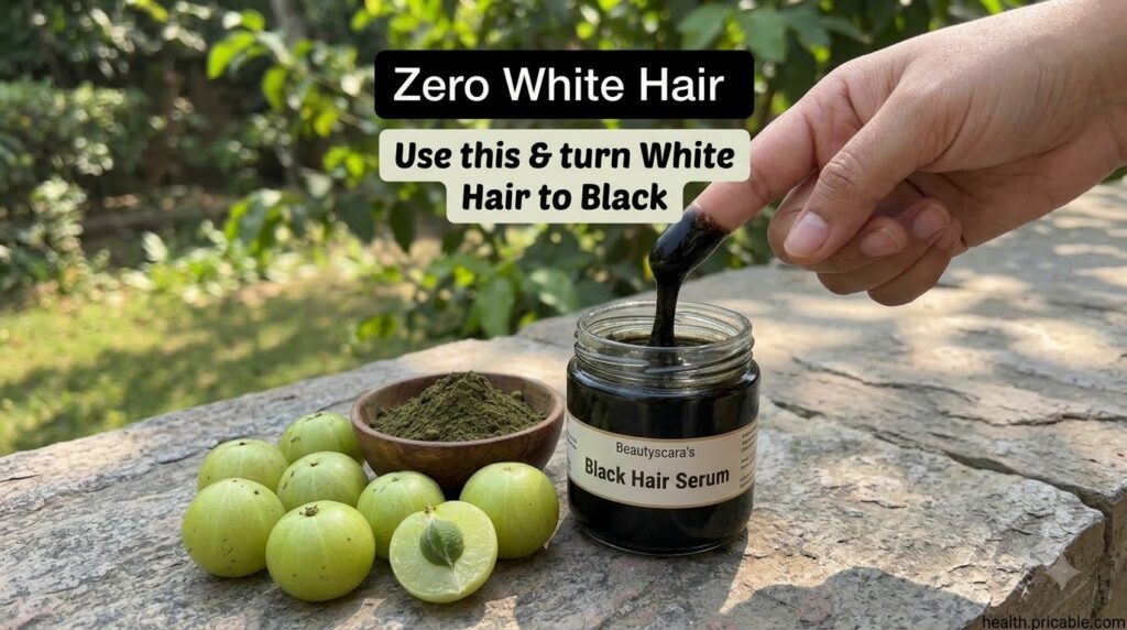 A clear glass jar filled with a thick viscous black hair serum with a finger dipped into it next to fresh Amla fruits an