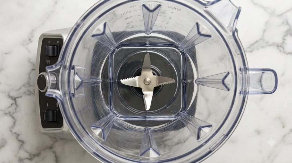 A pristine empty blender jar with sharp metallic blades at the bottom ready for use