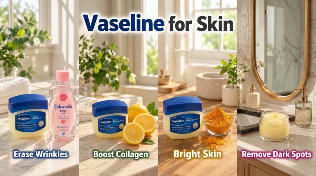 A four-panel collage showing Vaseline with baby oil for wrinkles Vaseline with turmeric for bright skin Vaseline with le