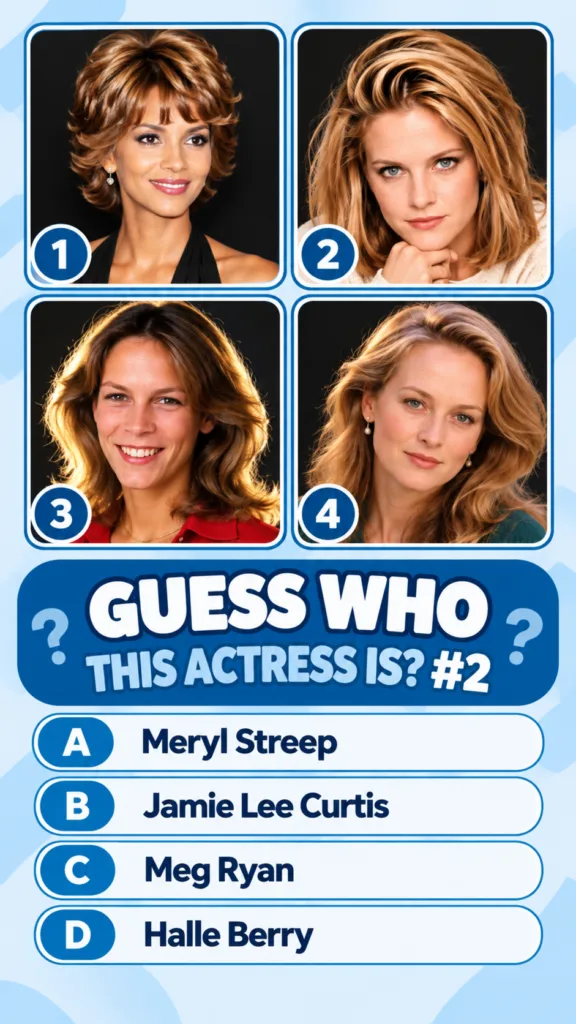 Quiz image showing four square portrait photos of different actresses with a blue banner asking GUESS WHO THIS ACTRESS I