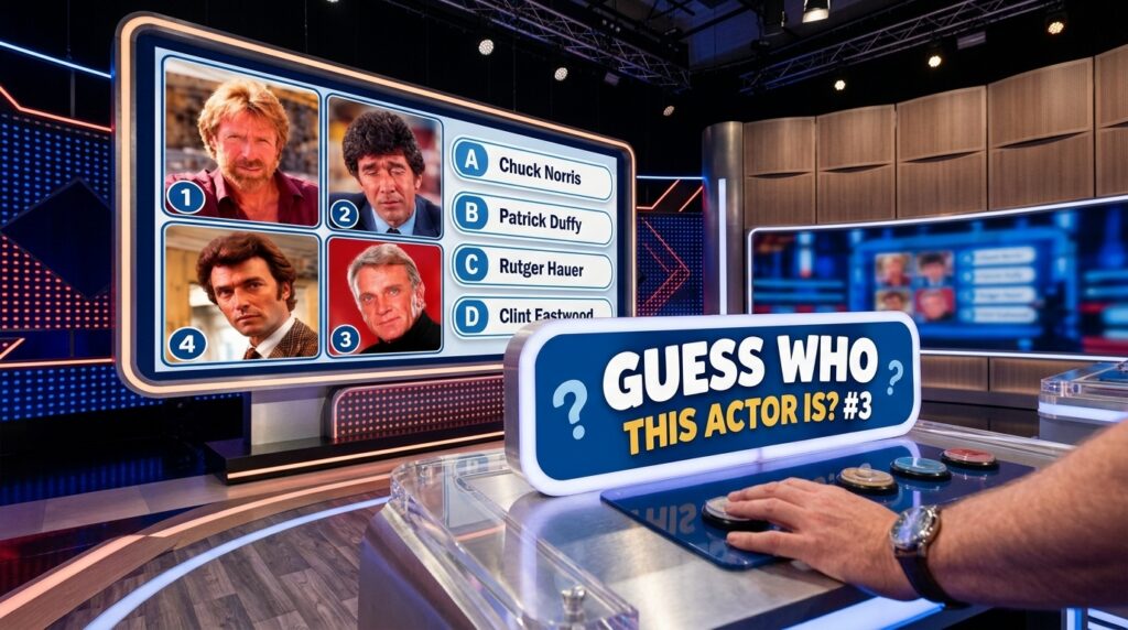 A multiple-choice quiz image showing four headshots of classic male actors in a grid with the question GUESS WHO THIS AC