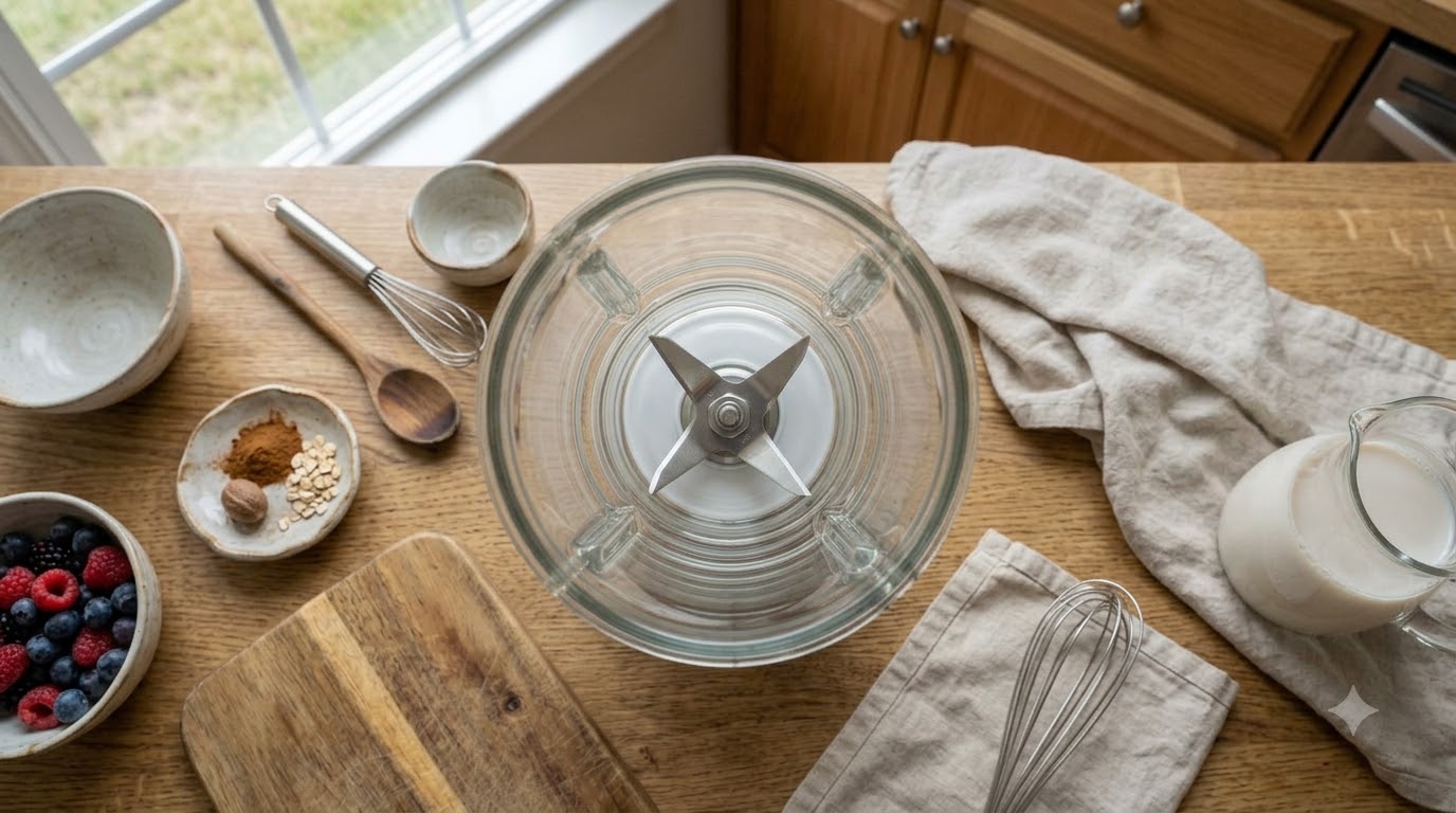 An overhead shot of a clean empty glass blender jar on a light wooden countertop surrounded by various kitchen essential