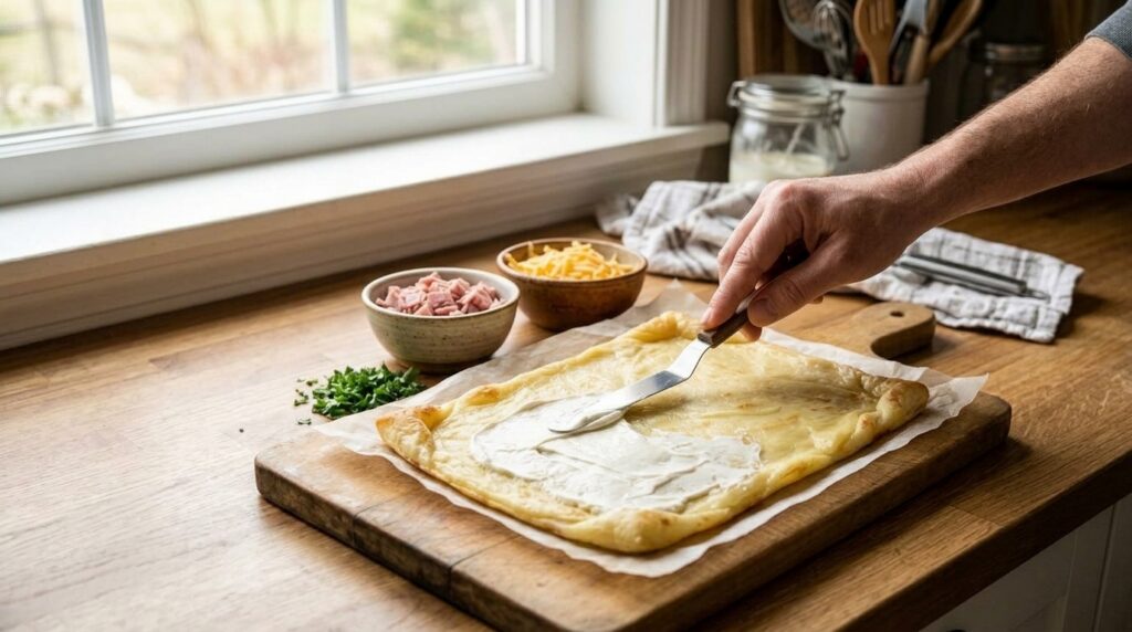 A hand spreading a creamy white plant-based frosting over a golden-baked vegan pastry base on a wooden cutting board