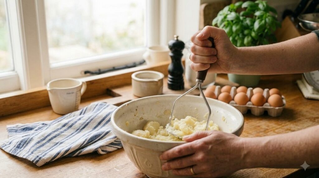 A close-up of hands mashing freshly boiled potatoes in a large ceramic bowl in a rustic kitchen setting Steam gently ris