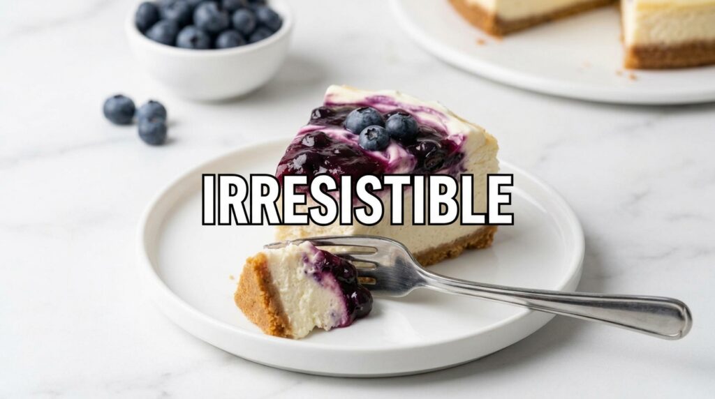 A mouth-watering slice of blueberry cheesecake with a fork showing the distinct layers of crust creamy filling and vibra