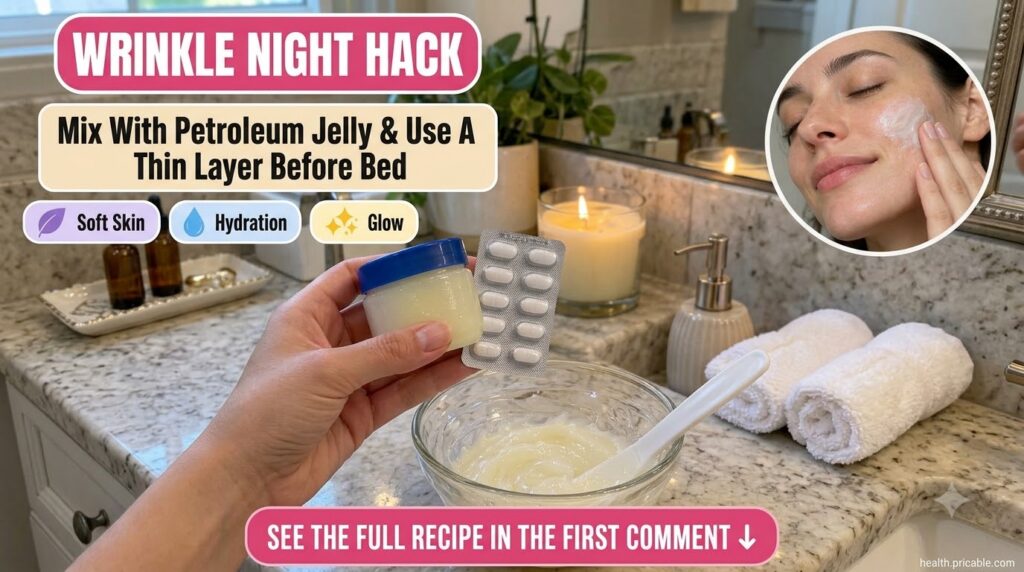A hand holding a small blue-capped jar like petroleum jelly and a blister pack of vitamin E capsules next to a glass bow