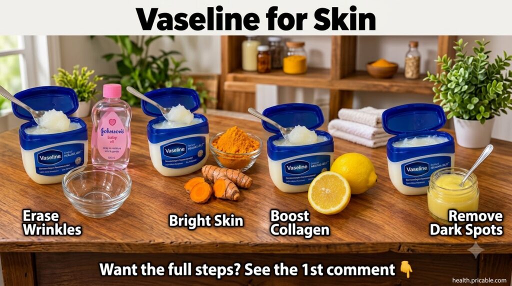 A tub of Vaseline Original Healing Jelly next to small bowls of baby oil turmeric powder and sliced lemon arranged neatl