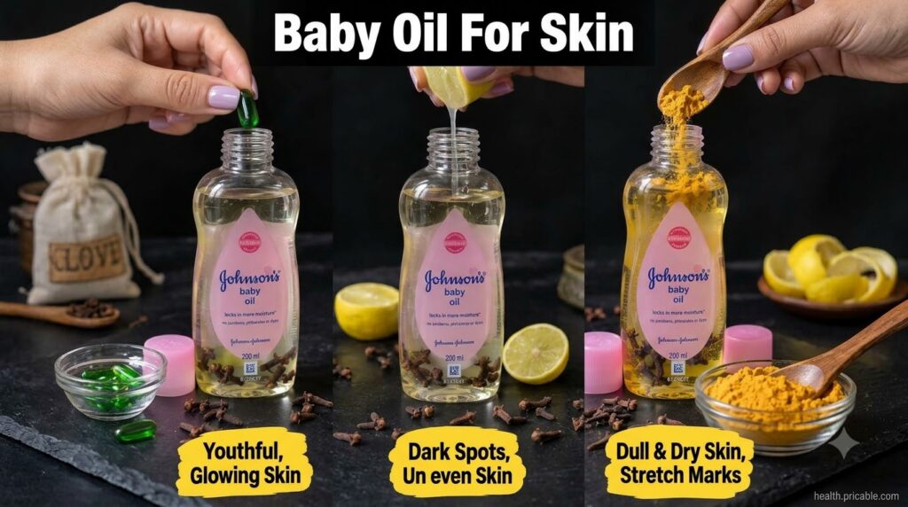 A vertical collage showing three different DIY baby oil blends being made One blend has a green capsule being added anot