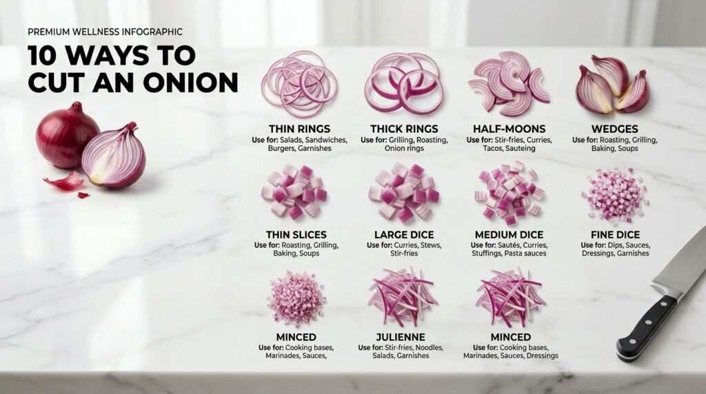 A top-down grid showing 10 distinct cuts of red onion each with a clear photo and label The background is clean white hi