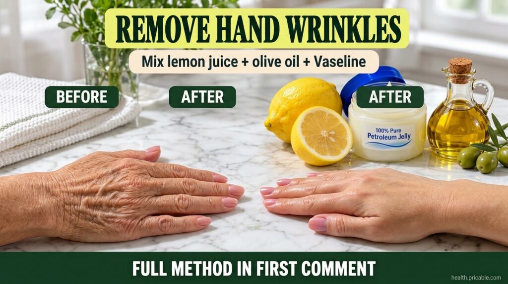 Ingredients for a hand wrinkle remedy a sliced lemon olive oil and a jar of Vaseline on a white marble surface