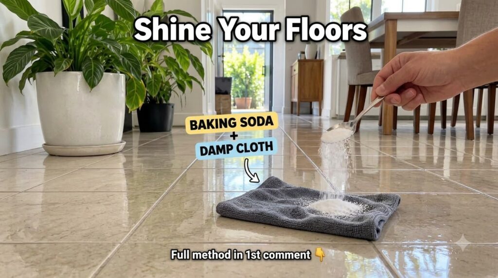 A hand sprinkling white granular substance baking soda from a metal spoon onto a white microfiber cloth with a clean ref