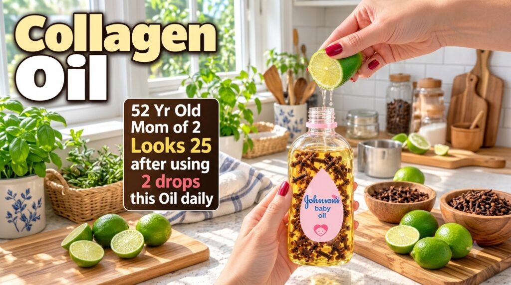 Hands preparing a homemade collagen oil One hand holds a clear glass bottle with yellow liquid and cloves while the othe