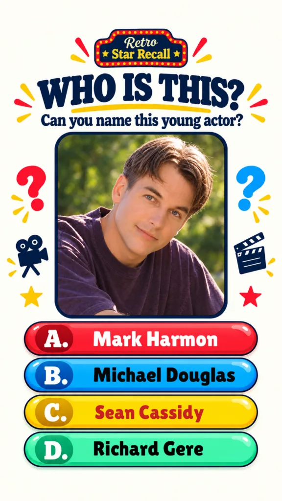 A retro-themed quiz interface with a central framed photograph of a young Mark Harmon smiling gently The quiz asks WHO I