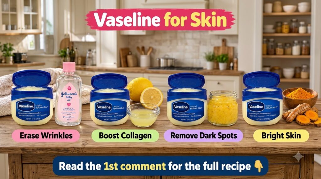 A close-up of a jar of Vaseline fresh turmeric root and turmeric powder next to a small bowl of a yellow turmeric-infuse