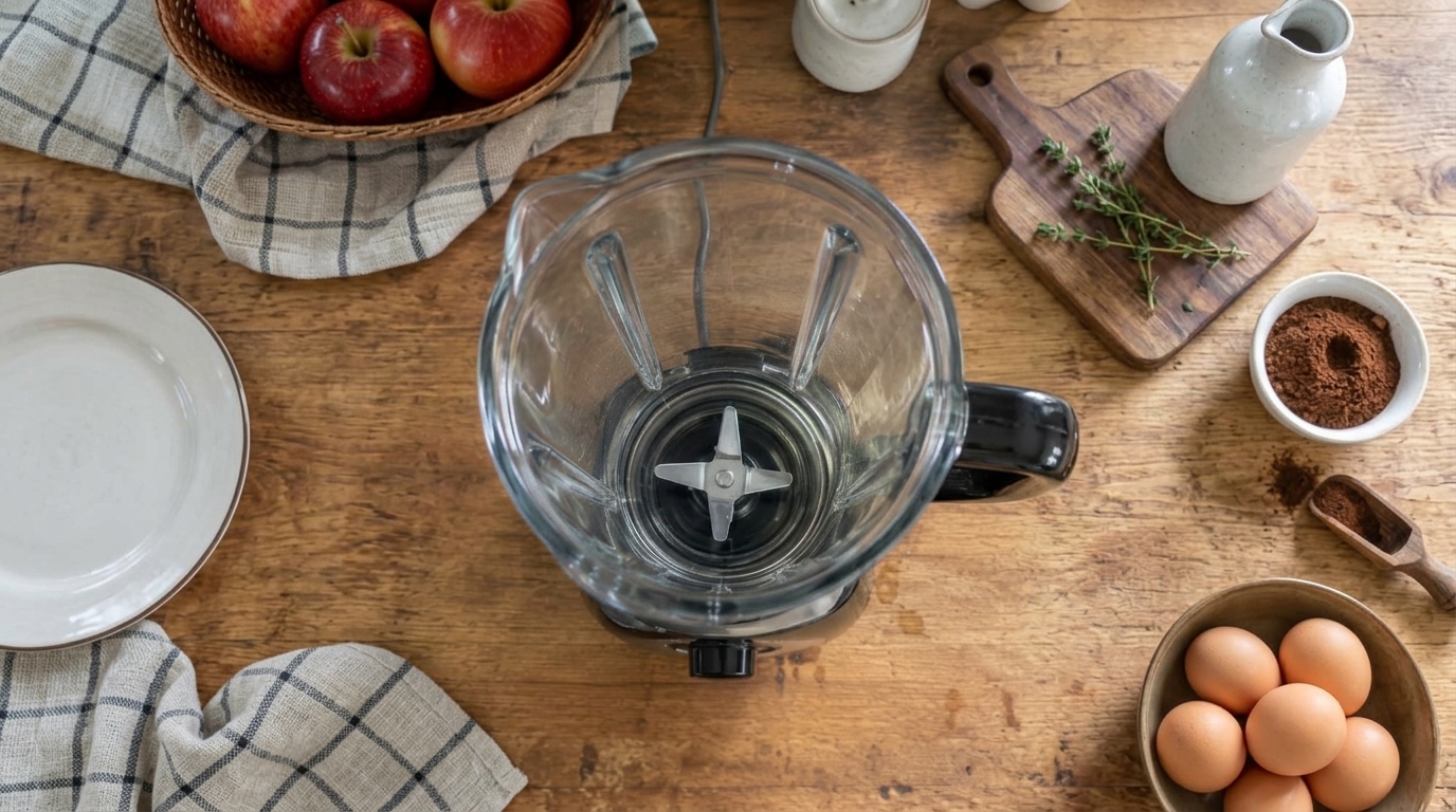An overhead shot of an empty blender on a rustic wooden table surrounded by a basket of red apples a checkered kitchen t