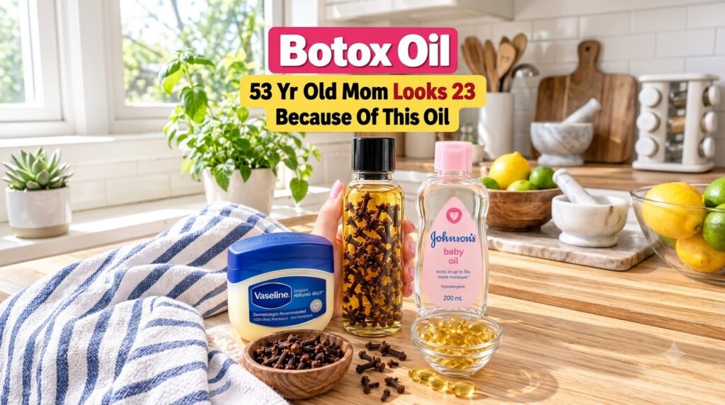 A collection of beauty and home remedy products including a jar of Vaseline a bottle of Johnson s baby oil and a bottle 