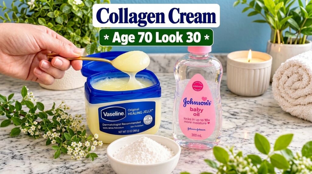 Ingredients for a DIY night cream a tub of Vaseline a bottle of Johnson s baby oil and a bowl of finely milled rice powd