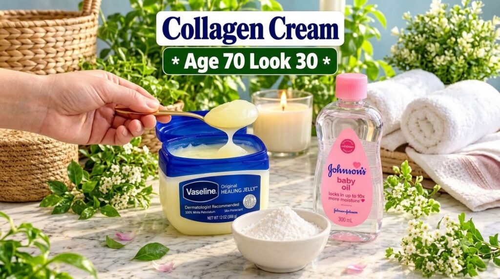 A hand holding a spoon with Vaseline over an open jar next to a bottle of Johnson s Baby Oil and a small bowl of white r