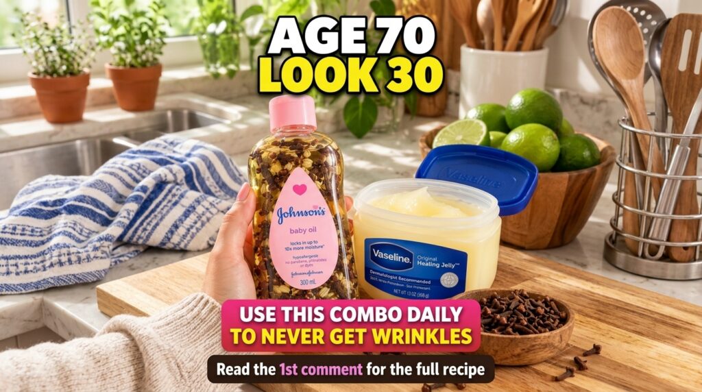 A hand holding a bottle of Johnson s baby oil infused with seeds and cloves next to an open tub of Vaseline Original Hea
