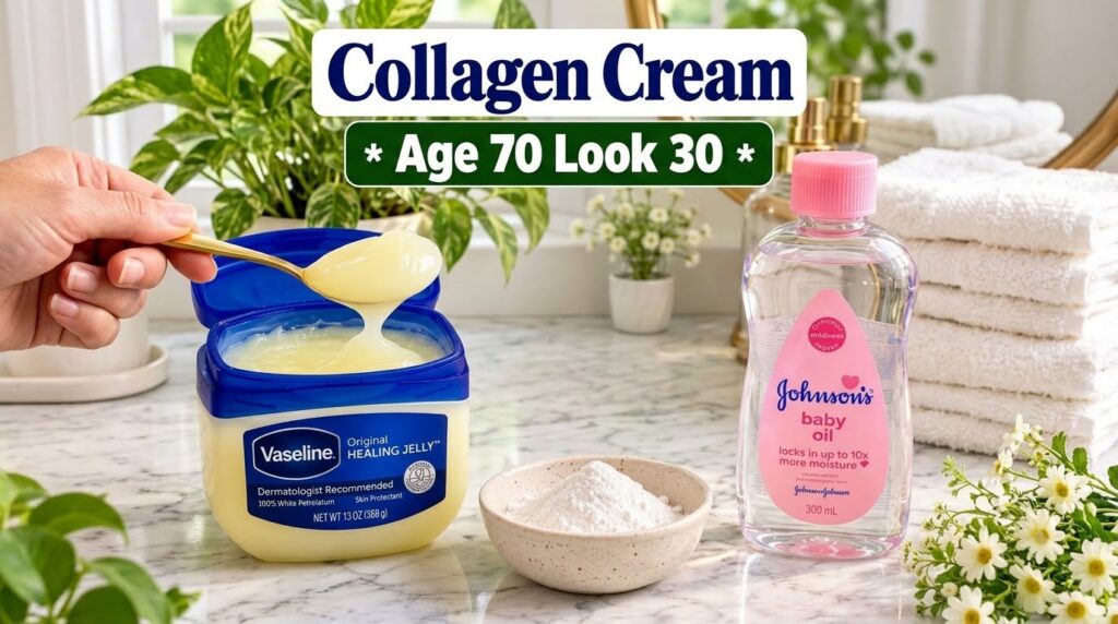 A well-lit flat lay of ingredients for a DIY collagen cream hack a tub of Vaseline a bottle of baby oil and a small bowl