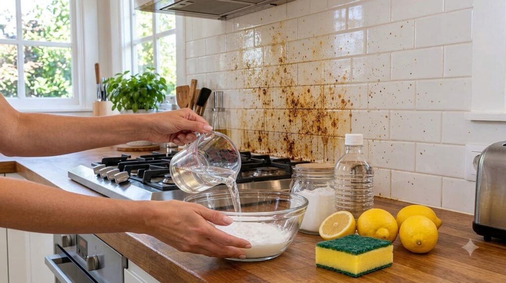 A close-up of a person s hands pouring water into a bowl of white powder with baking soda vinegar lemons and a sponge on