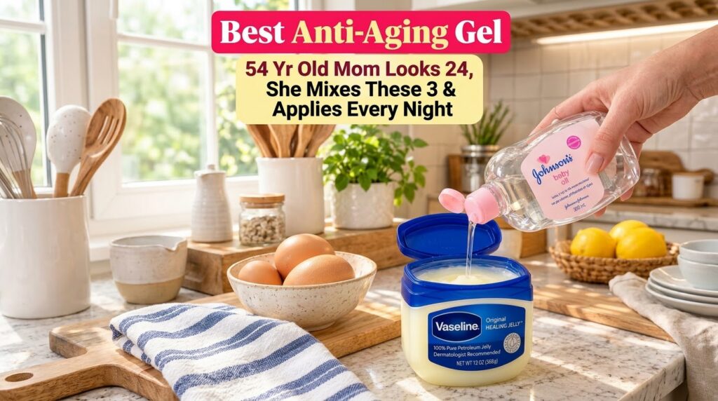 A hand pouring Johnson s baby oil into an open jar of Vaseline on a kitchen counter with eggs and plants in the backgrou