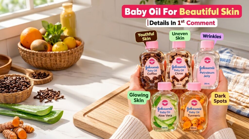 Hands gently holding various bottles of Johnson s Baby Oil infused with natural ingredients like coffee cloves aloe vera