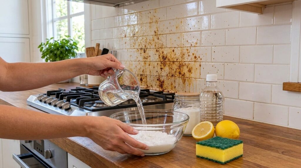 Hands pouring water into a glass bowl containing white powder baking soda with a dirty white subway tile backsplash and