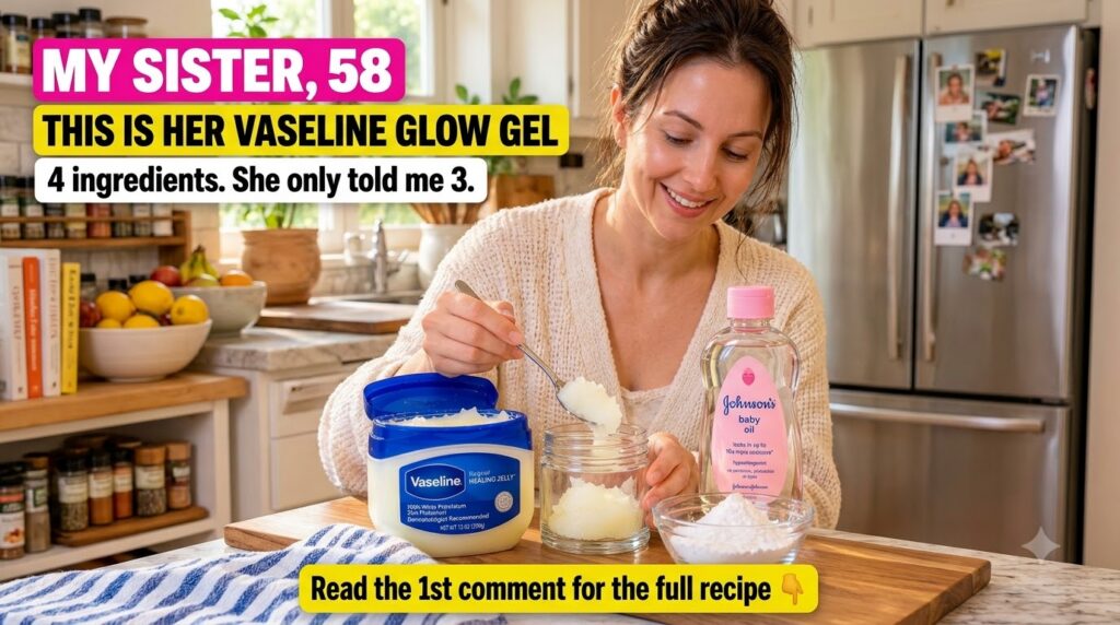 A woman s hands preparing a DIY beauty product in a bright kitchen with a large tub of Vaseline a glass jar a bottle of 