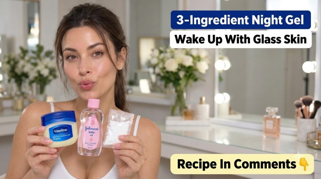 A woman smiling while holding up Vaseline Johnson s Baby Oil and a packet of white powder suggesting DIY beauty ingredie