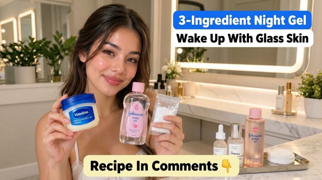 A smiling woman with glowing skin holding Vaseline baby oil and a sachet of white powder