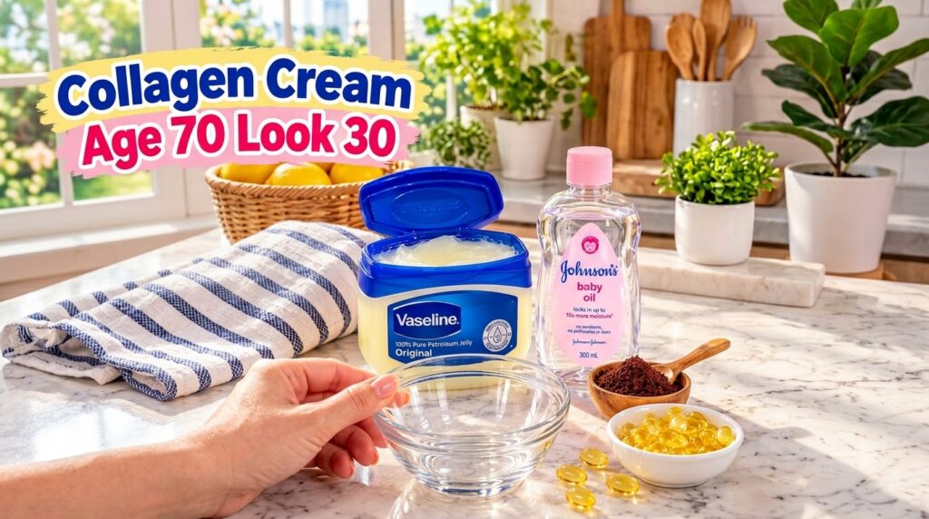 A collection of DIY beauty ingredients on a bright kitchen counter including an open jar of Vaseline a bottle of baby oi