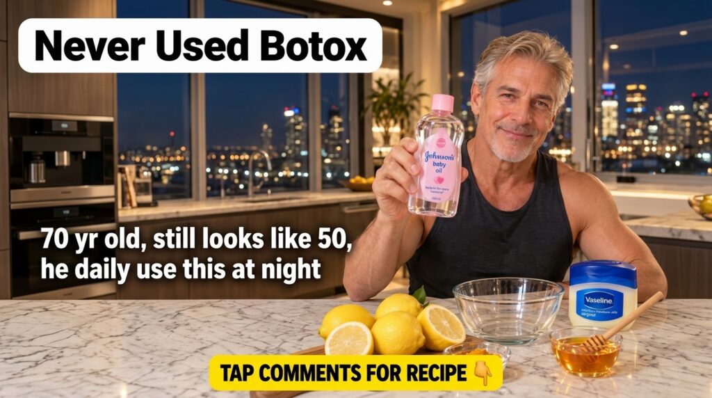 An older man with gray hair and a youthful smiling face holds a bottle of Johnson s baby oil On a marble counter in fron