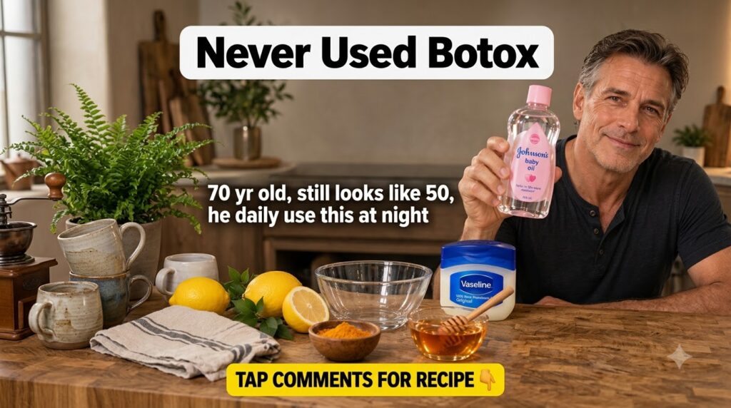 A smiling mature man holding a bottle of Johnson s baby oil with various natural beauty ingredients like lemons turmeric