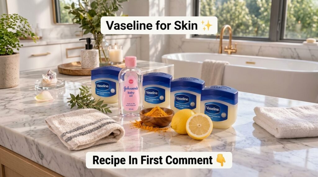 A serene bathroom countertop featuring a jar of Vaseline a bowl of turmeric powder and fresh lemons with a lit candle an