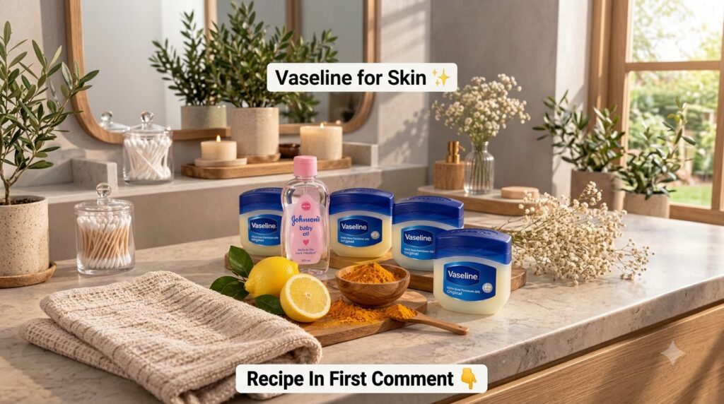 Various skincare ingredients laid out on a bathroom counter Vaseline jars baby oil fresh lemons and turmeric powder in a