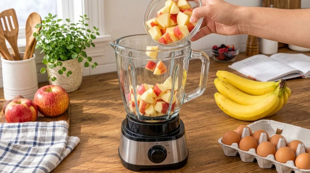 Diced red apples are being poured from a clear glass bowl into a blender on a rustic wooden kitchen counter alongside wh