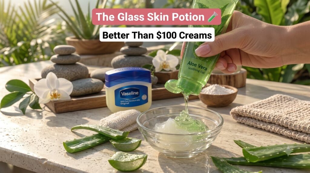 A hand pouring green aloe vera gel from a tube into a glass bowl mixing it with white petroleum jelly surrounded by fres