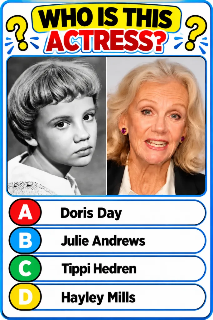 A quiz image showing two portraits of Audrey Hepburn young and older with a question WHO IS THIS ACTRESS and four multip