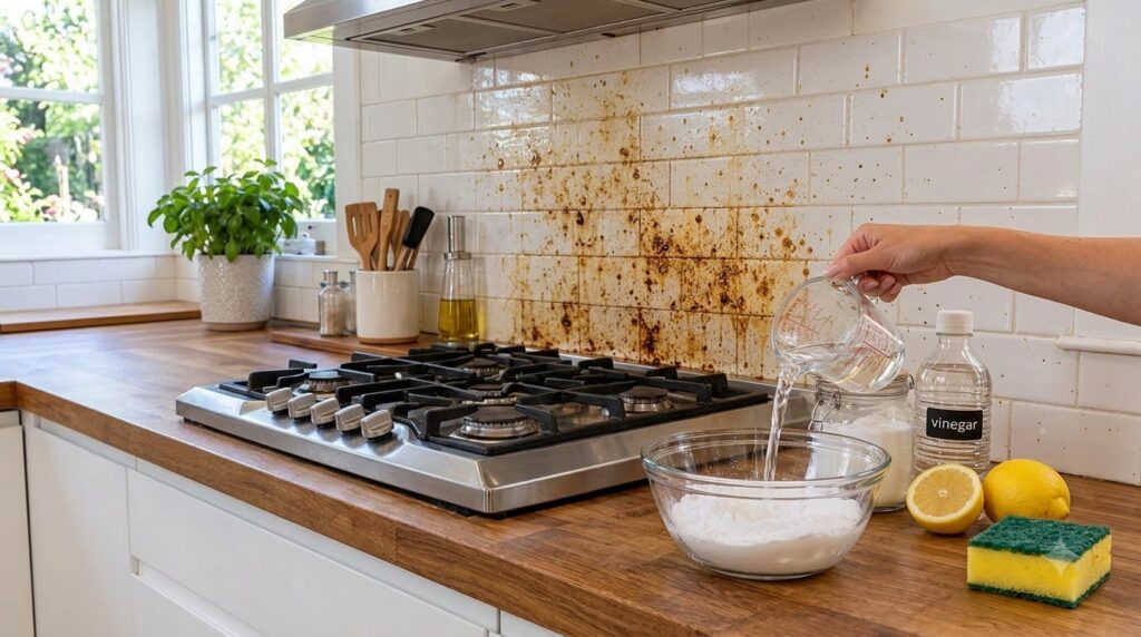 Hands mixing baking soda and liquid in a bowl with cleaning supplies and fresh lemons on a kitchen counter