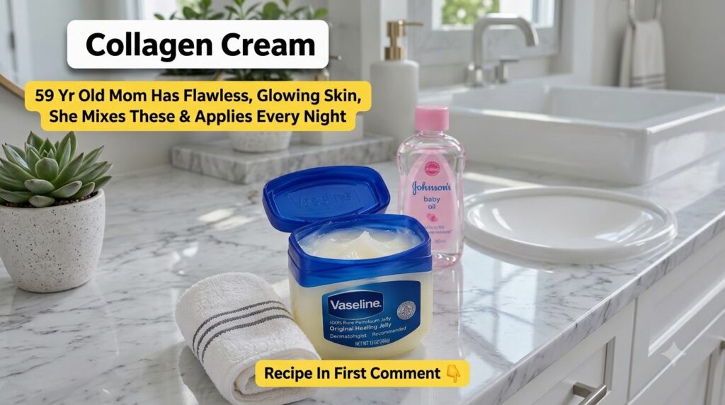 An open jar of Vaseline Petroleum Jelly and a bottle of baby oil on a bathroom counter with a white towel and blurred ba