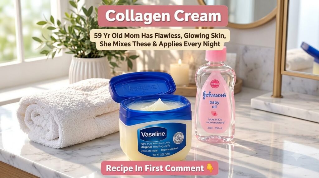 An open tub of Vaseline Original Healing Jelly and a bottle of Johnson s Baby Oil with a folded white towel The backgrou