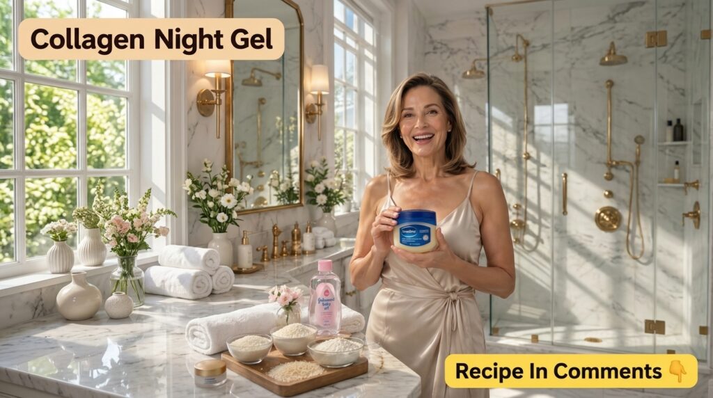 A smiling woman in a satin robe holding a tub of Vaseline looking directly at the camera in a luxurious bathroom