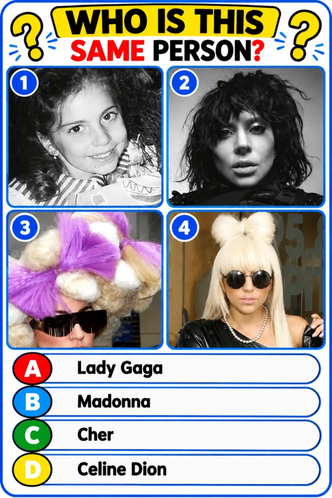 A four-panel grid showing a celebrity at different ages and in various transformations a childhood portrait an adult por